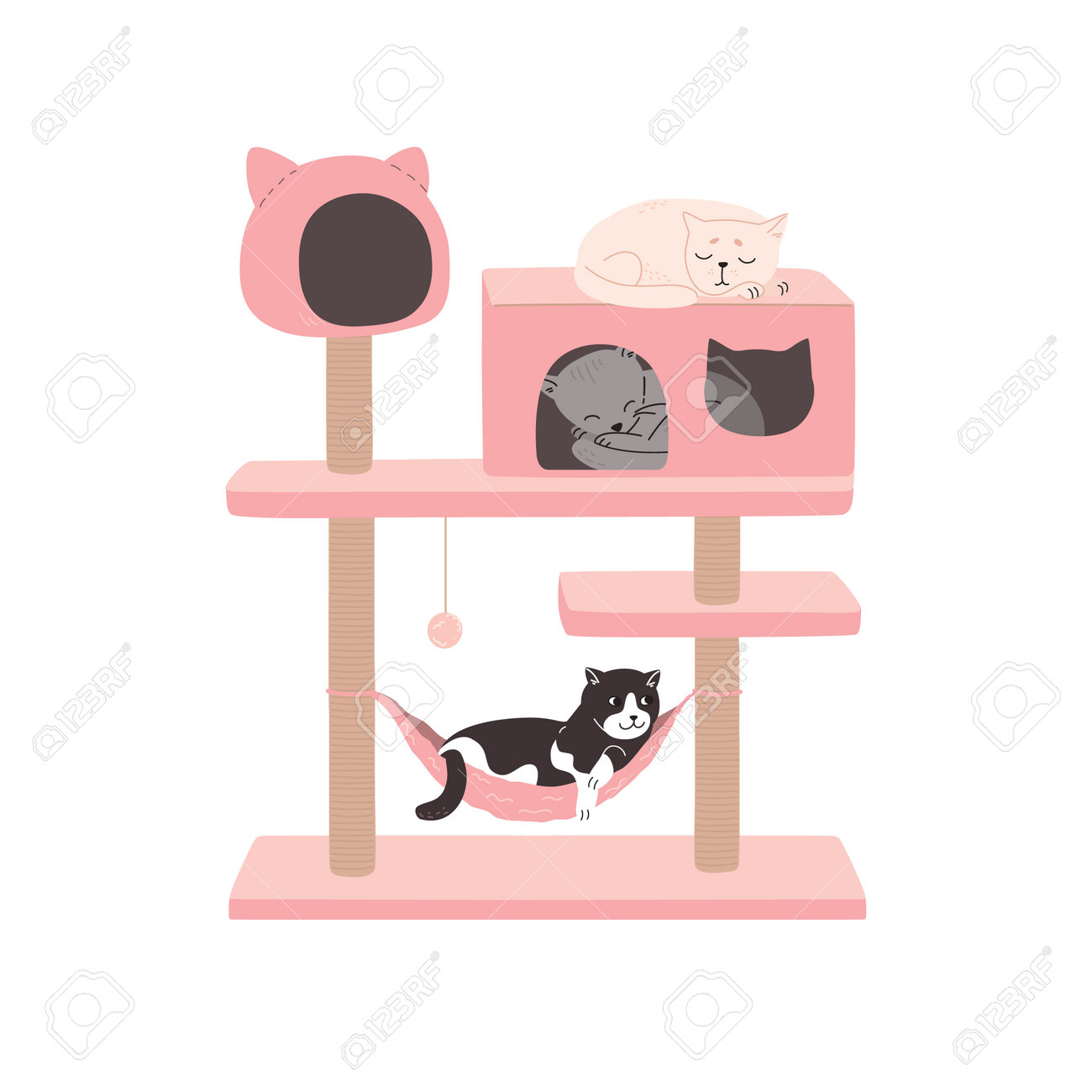 猫はキャットタワーで休んでいます。レモンクォーツキューブ。スクラッチポストと子猫が